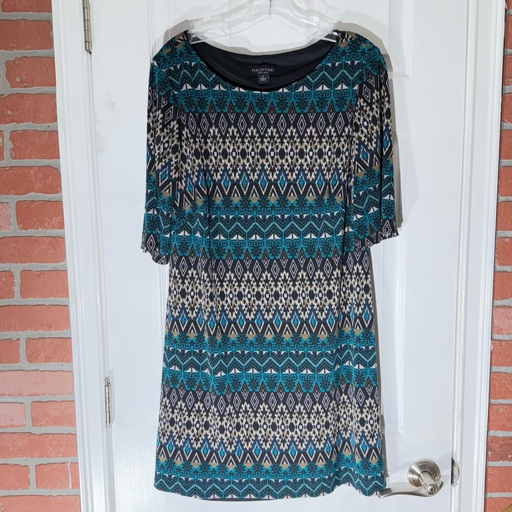 PERCEPTIONS Stretch Dress Women Sz 8 Teal and Black Geometric Short Sleeve Dress